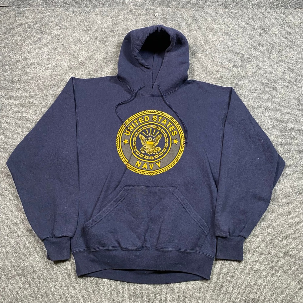 Soffe US Navy Hoodie Mens Medium Blue Vintage Made in USA Pullover Sweatshirt